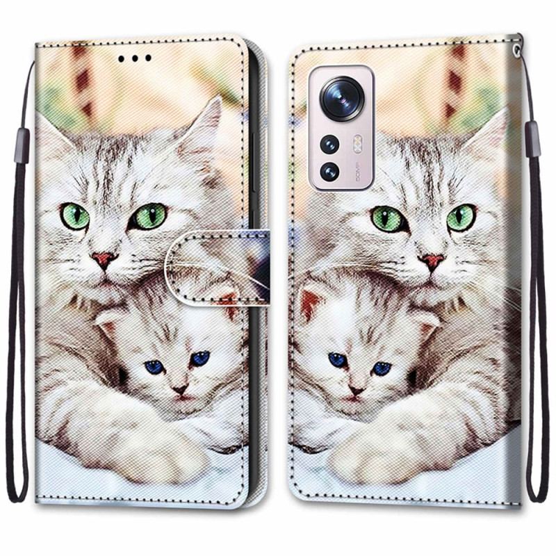 Capa Em Pele Para Xiaomi 12 / 12X De Cordão Família De Gatos Strappy