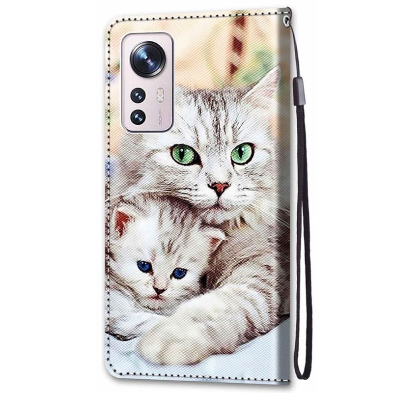 Capa Em Pele Para Xiaomi 12 / 12X De Cordão Família De Gatos Strappy