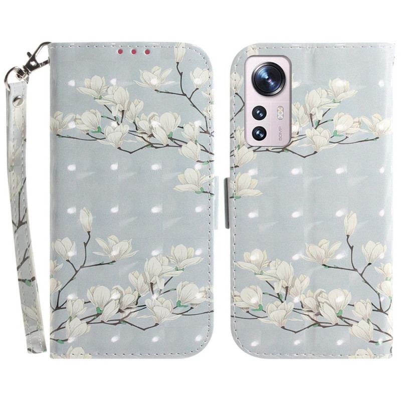 Capa Flip Para Xiaomi 12 / 12X De Cordão Flores Brancas Com Tiras