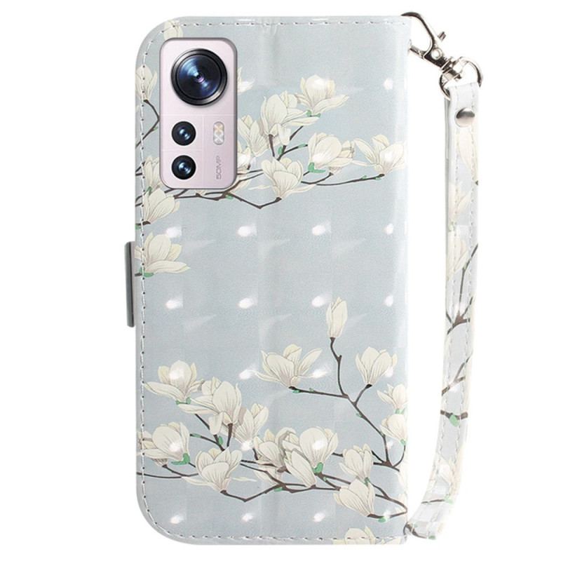 Capa Flip Para Xiaomi 12 / 12X De Cordão Flores Brancas Com Tiras