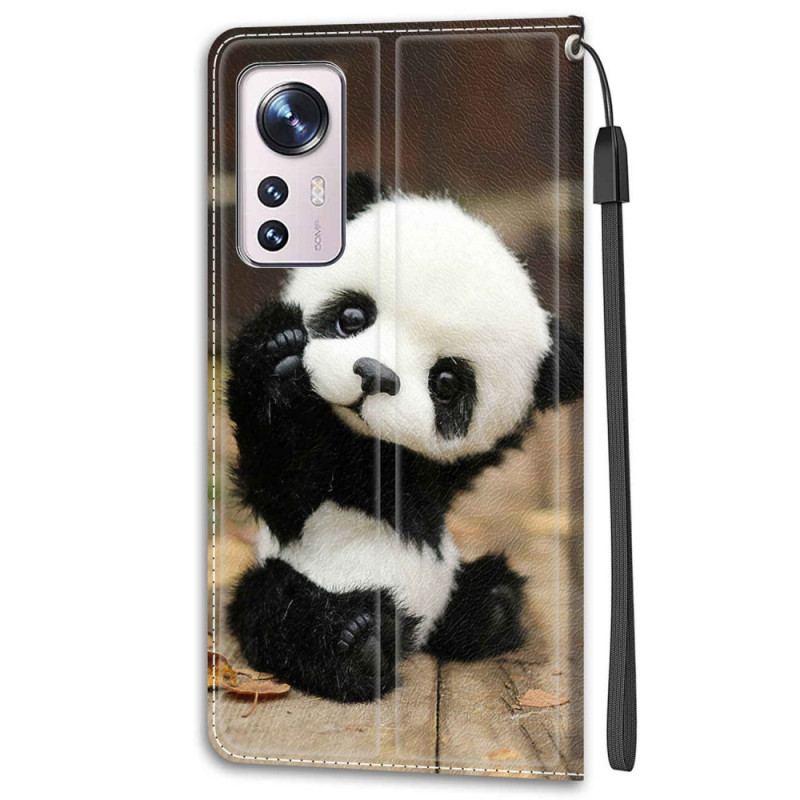 Capa Flip Para Xiaomi 12 / 12X De Cordão Pequeno Panda Com Alça