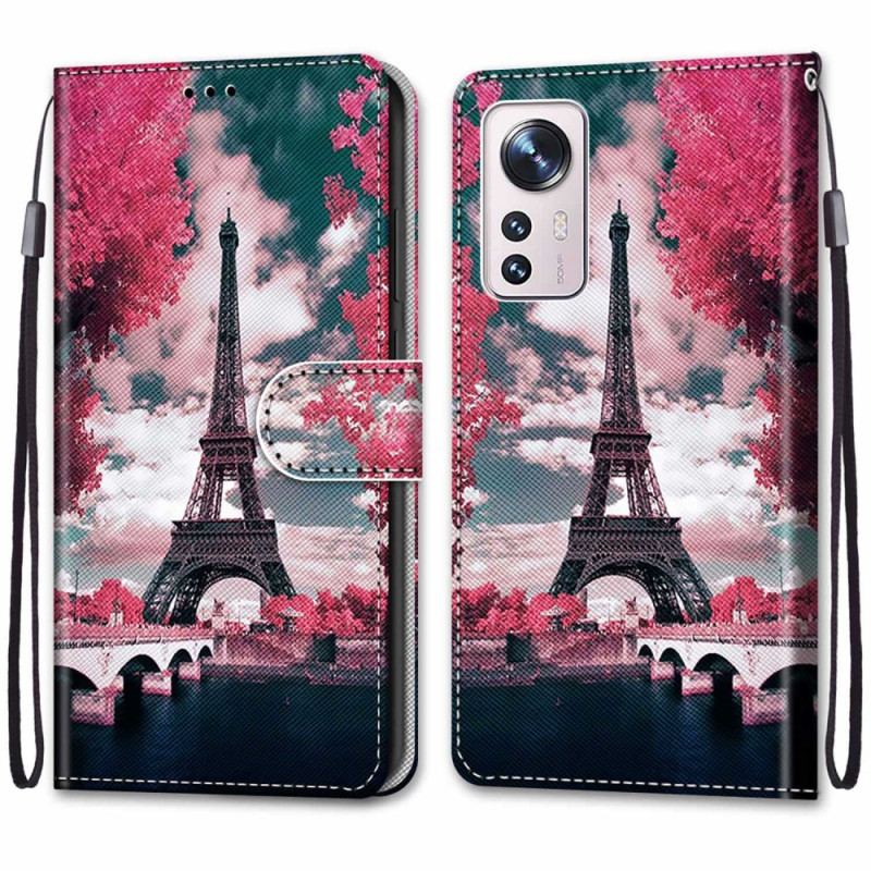 Capa Flip Para Xiaomi 12 / 12X De Cordão Torre Eiffel Com Alça