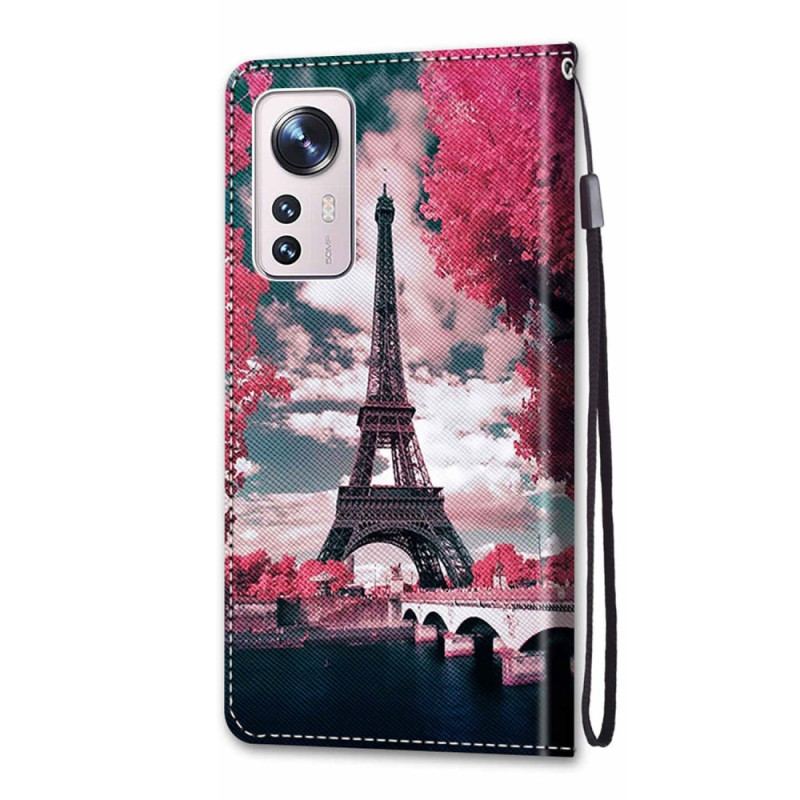 Capa Flip Para Xiaomi 12 / 12X De Cordão Torre Eiffel Com Alça