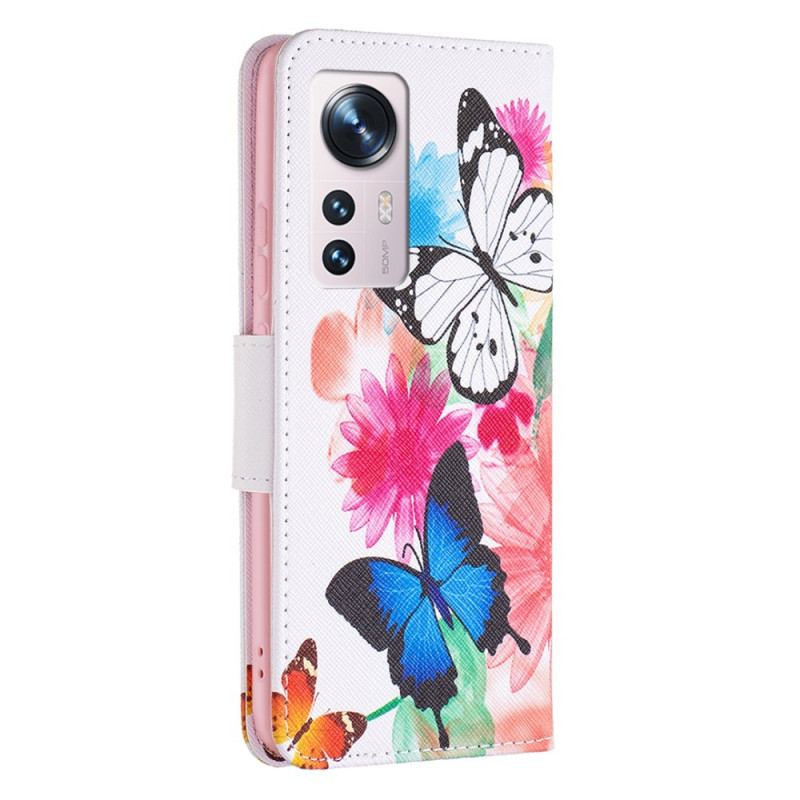 Capa Folio Para Xiaomi 12 / 12X Borboletas E Flores Pintadas