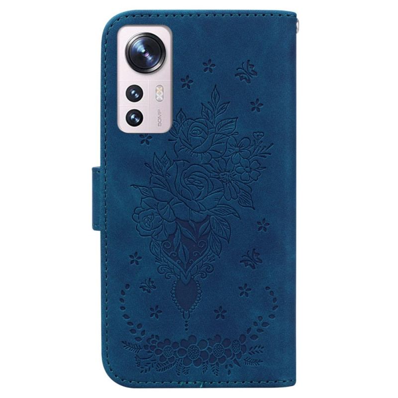 Capa Folio Para Xiaomi 12 / 12X De Cordão Strappy Rosas E Borboletas