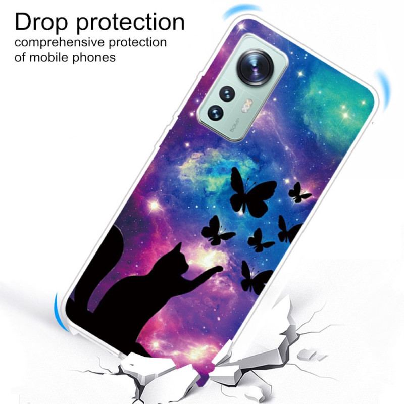 Capa Para Xiaomi 12 / 12X Gato E Borboletas No Espaço