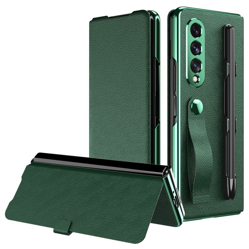 Capa De Celular Para Samsung Galaxy Z Fold 3 5G Flip Suporte E Alça Para Estilete Estilo Couro Lichia