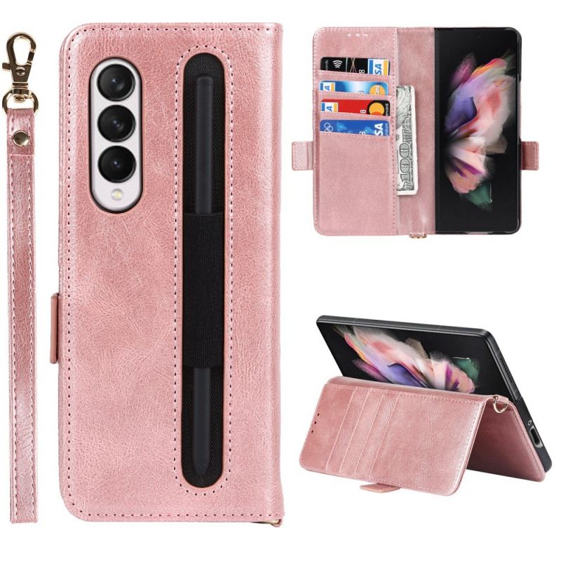 Capa De Couro Para Samsung Galaxy Z Fold 3 5G Flip Aba De Suporte De Caneta Dupla