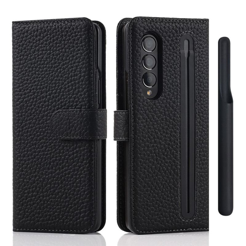 Capa De Couro Para Samsung Galaxy Z Fold 3 5G Porta-canetas De Couro De Lichia Genuíno