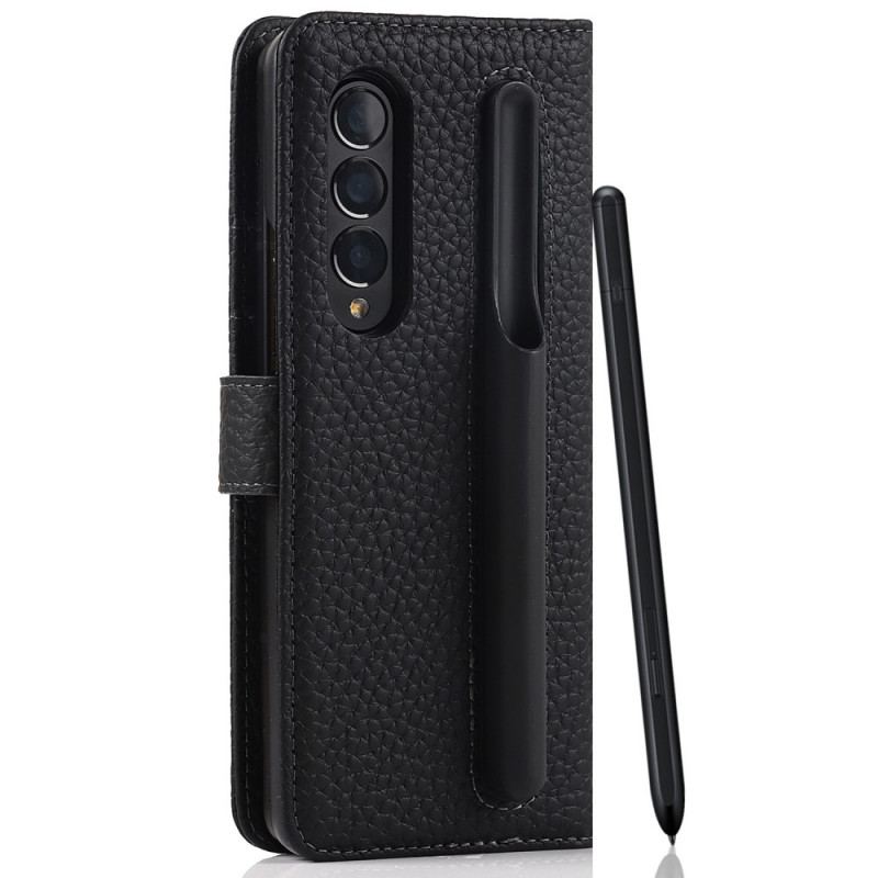 Capa De Couro Para Samsung Galaxy Z Fold 3 5G Porta-canetas De Couro De Lichia Genuíno