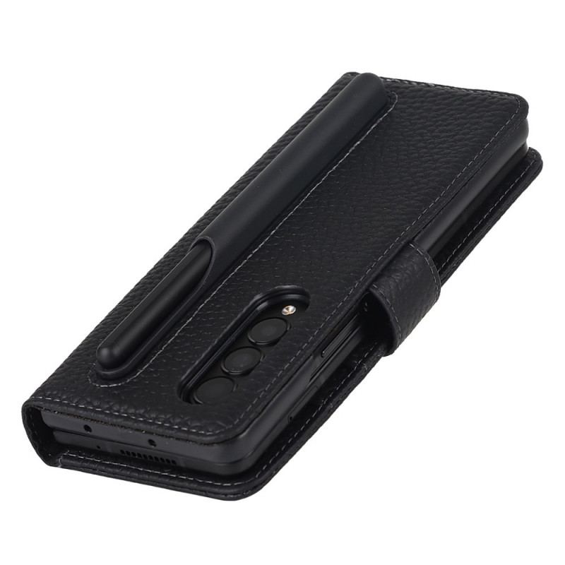 Capa De Couro Para Samsung Galaxy Z Fold 3 5G Porta-canetas De Couro De Lichia Genuíno