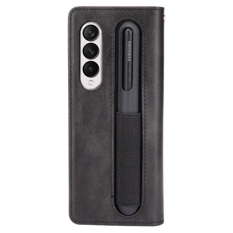 Capa De Couro Para Samsung Galaxy Z Fold 3 5G Suporte Para Caneta Estilizado Com Efeito De Couro