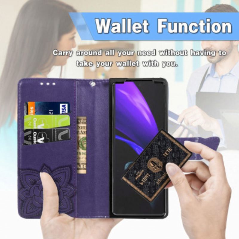 Capa Flip Para Samsung Galaxy Z Fold 3 5G Design De Borboleta Com Cordão