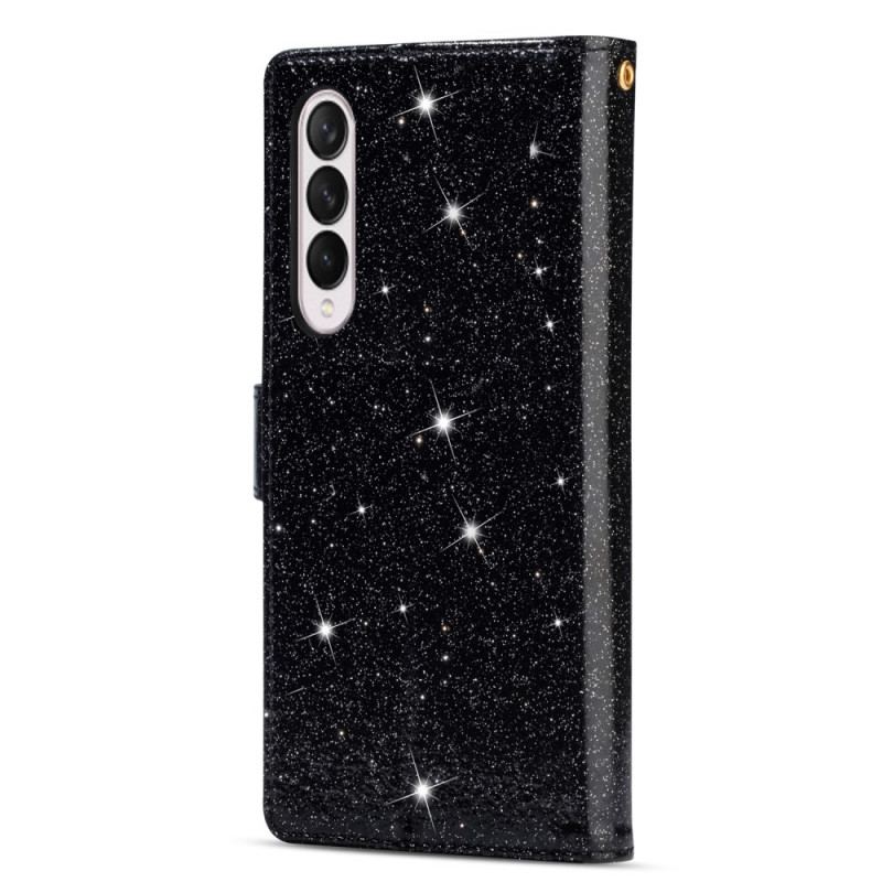 Capa Flip Para Samsung Galaxy Z Fold 3 5G Capa Tipo Carteira Carteira Com Zíper De Lantejoulas