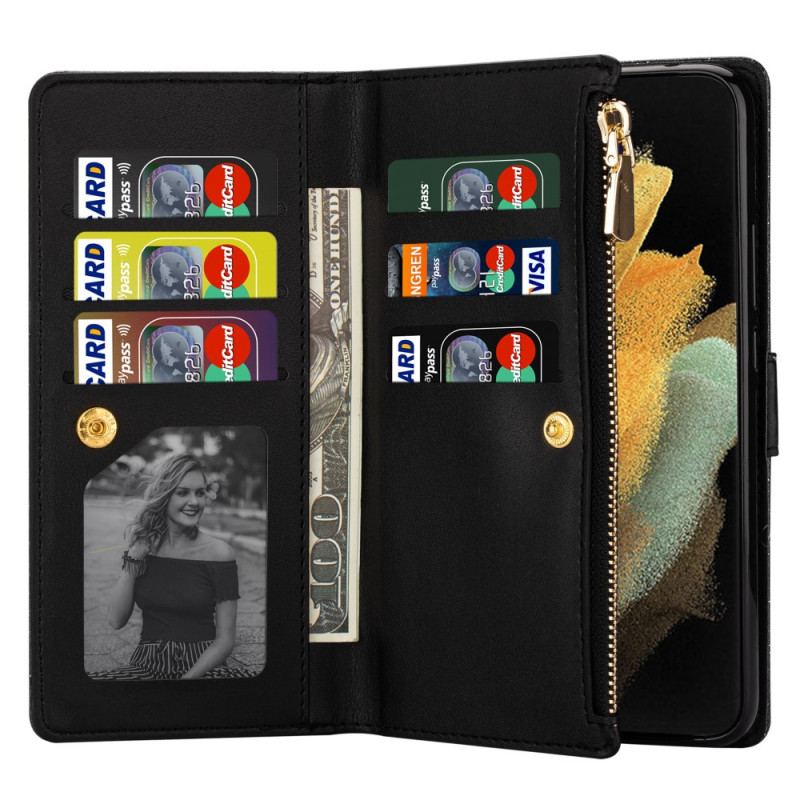 Capa Flip Para Samsung Galaxy Z Fold 3 5G Capa Tipo Carteira Carteira Com Zíper De Lantejoulas