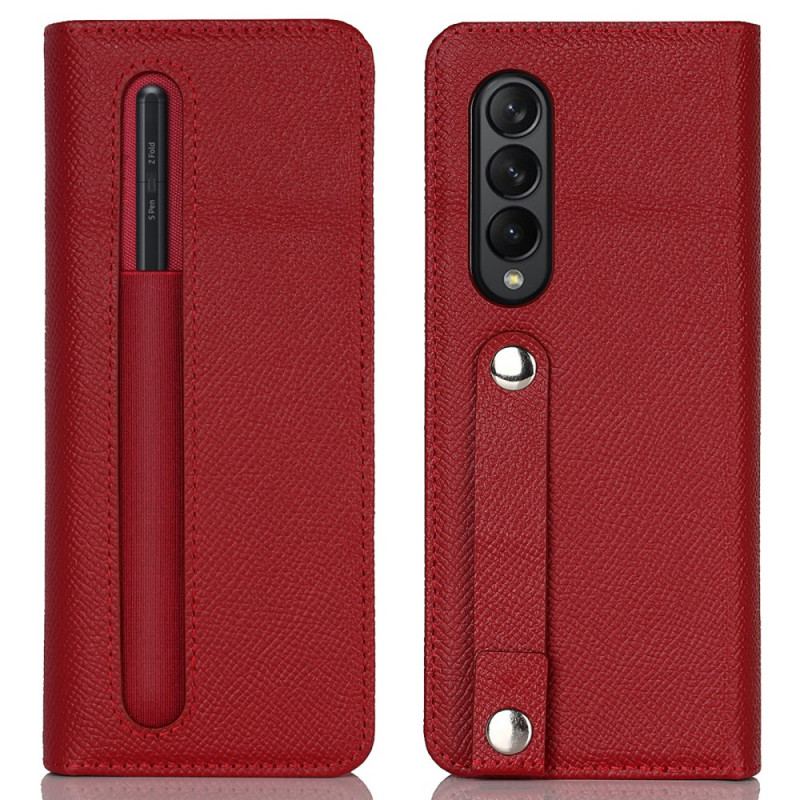 Capa Folio Para Samsung Galaxy Z Fold 3 5G Porta Caneta E Alça De Couro Genuíno