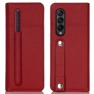 Capa Folio Para Samsung Galaxy Z Fold 3 5G Porta Caneta E Alça De Couro Genuíno