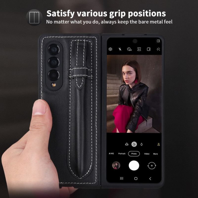 Capa Para Samsung Galaxy Z Fold 3 5G Porta-canetas De Couro Genuíno