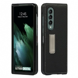 Capa Para Samsung Galaxy Z Fold 3 5G Suporte Mãos Livres De Couro De Lichia Genuíno