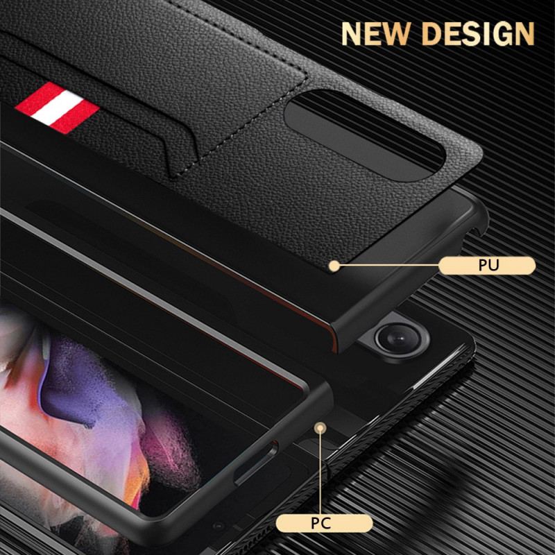 Capa Para Samsung Galaxy Z Fold 3 5G Titular De Cartão Duplo De Couro De Lichia