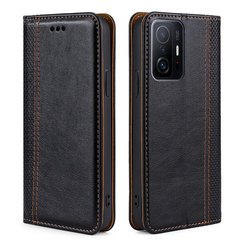 Capa De Celular Para Xiaomi 11T / 11T Pro Flip Costura De Couro Rachado De Lichia