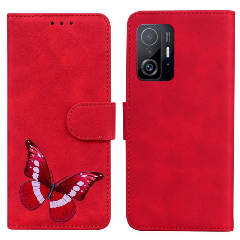 Capa De Couro Para Xiaomi 11T / 11T Pro Borboleta Com Toque De Pele