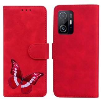 Capa De Couro Para Xiaomi 11T / 11T Pro Borboleta Com Toque De Pele