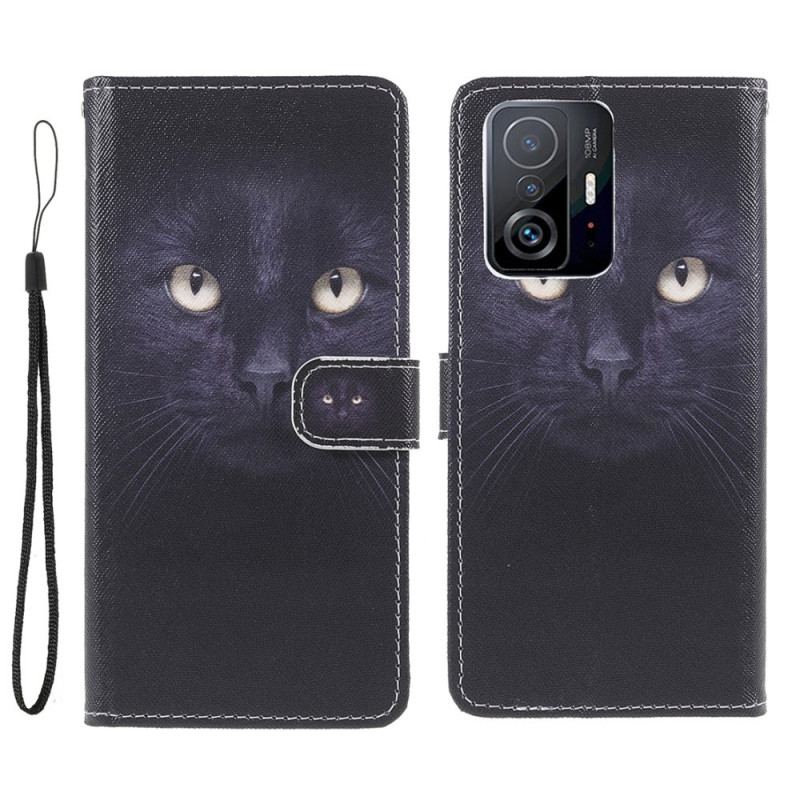 Capa De Couro Para Xiaomi 11T / 11T Pro De Cordão Olhos De Gato Preto Com Tiras