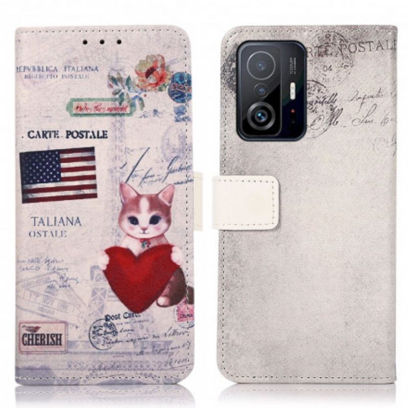 Capa De Couro Para Xiaomi 11T / 11T Pro Gato Viajante