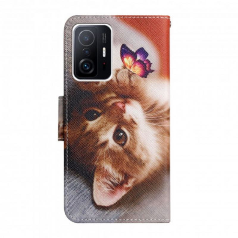 Capa De Couro Para Xiaomi 11T / 11T Pro Minha Gatinha E Borboleta