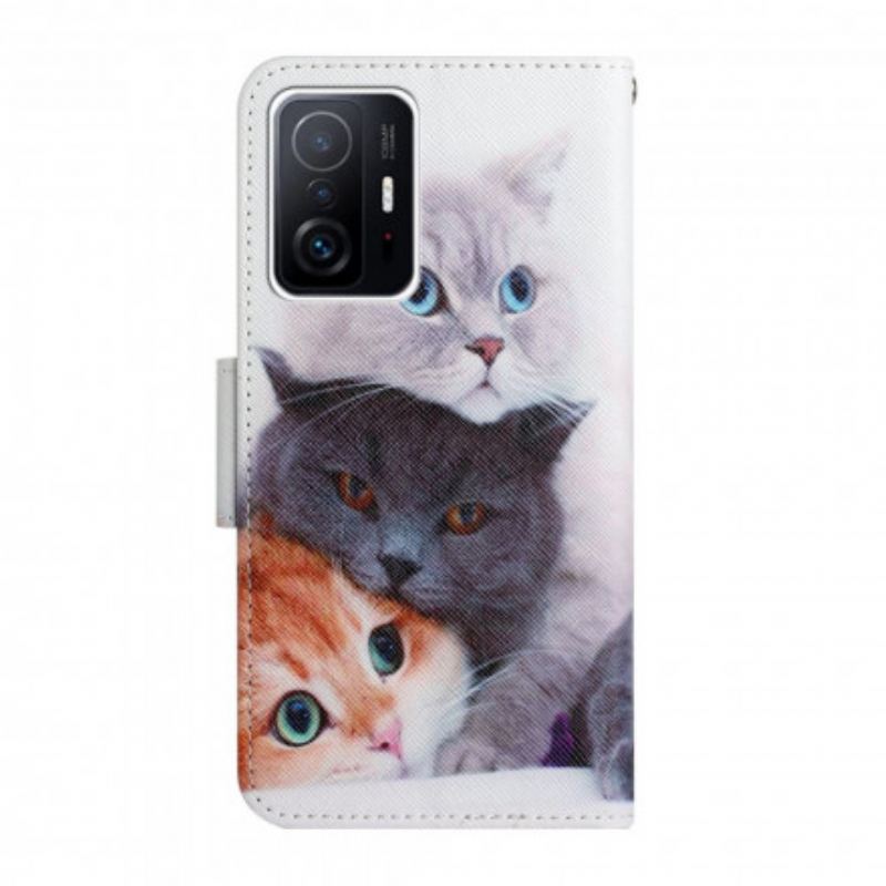 Capa De Couro Para Xiaomi 11T / 11T Pro Pilha De Lanyard Cats