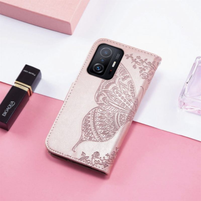 Capa Em Pele Para Xiaomi 11T / 11T Pro Meia Borboleta