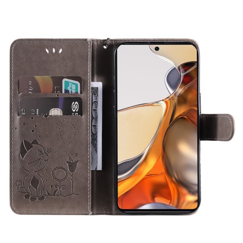 Capa Flip Para Xiaomi 11T / 11T Pro De Cordão Gato E Abelha Com Cordão