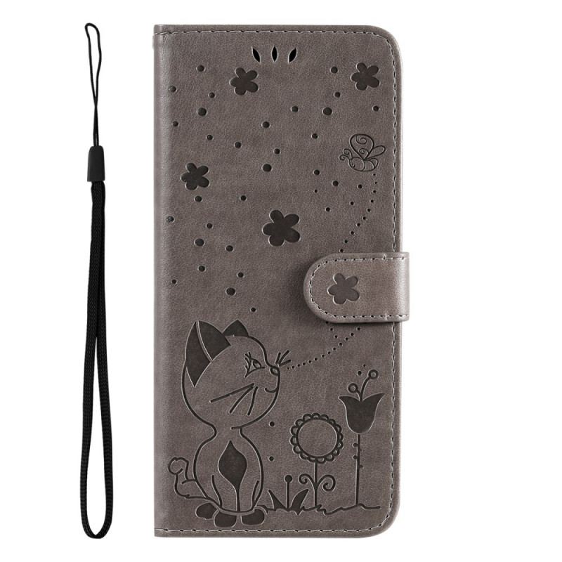 Capa Flip Para Xiaomi 11T / 11T Pro De Cordão Gato E Abelha Com Cordão