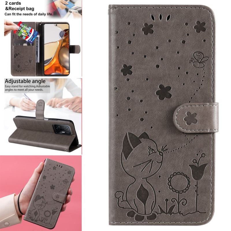 Capa Flip Para Xiaomi 11T / 11T Pro De Cordão Gato E Abelha Com Cordão