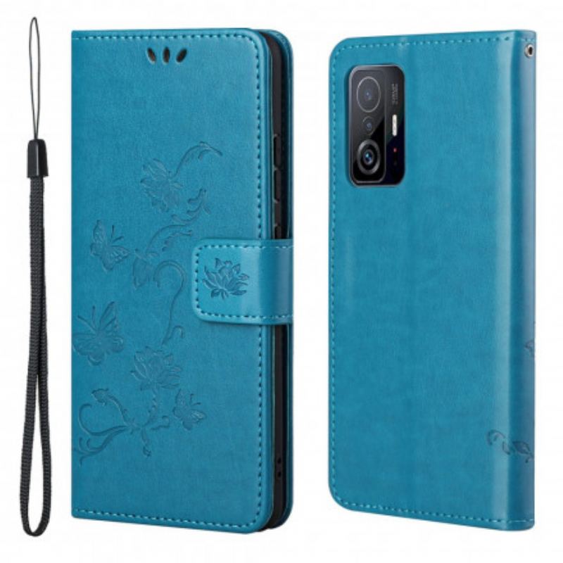 Capa Flip Para Xiaomi 11T / 11T Pro De Cordão Tanga Borboletas E Flores