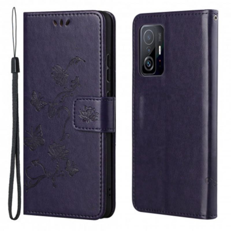 Capa Flip Para Xiaomi 11T / 11T Pro De Cordão Tanga Borboletas E Flores