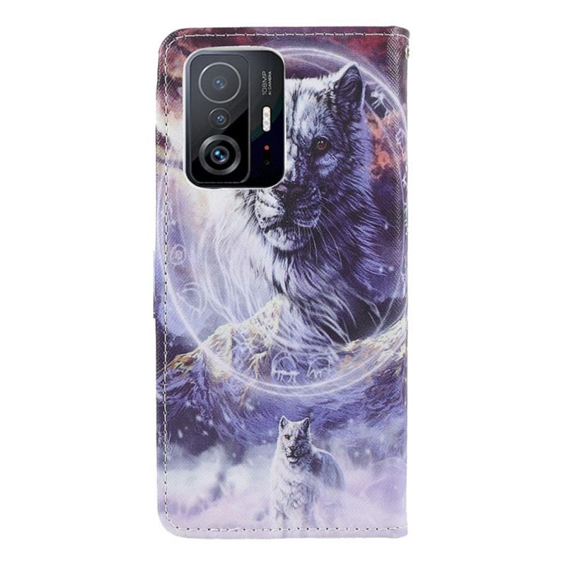 Capa Flip Para Xiaomi 11T / 11T Pro Lobo No Inverno Com Cordão