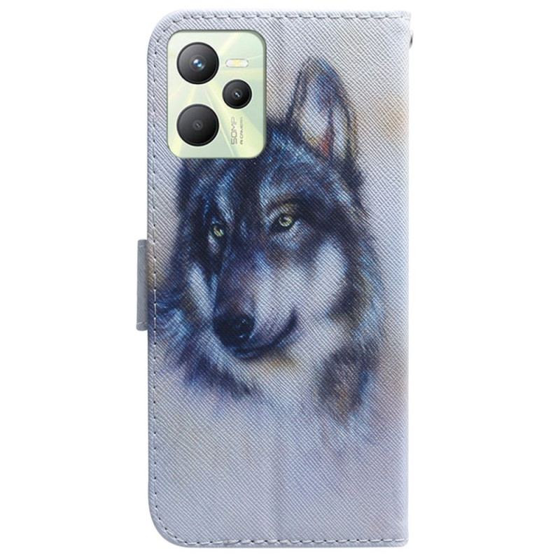 Capa De Couro Para Realme C35 Aquarela Lobo