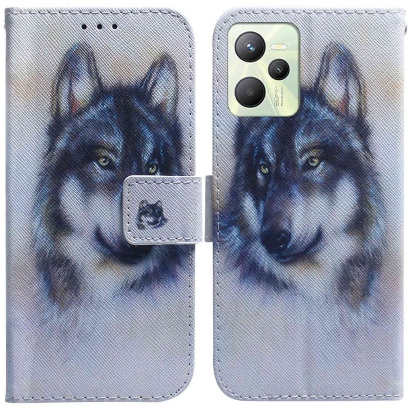 Capa De Couro Para Realme C35 Aquarela Lobo