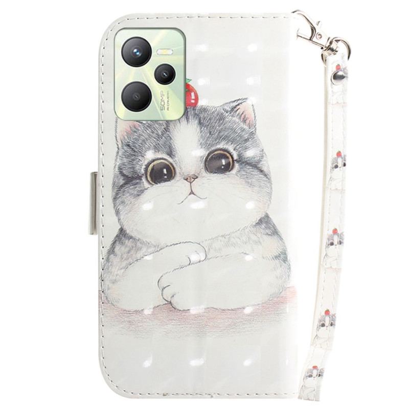 Capa De Couro Para Realme C35 De Cordão Gato E Morango Strappy