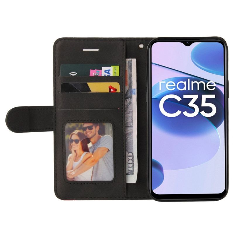 Capa De Couro Para Realme C35 De Cordão Linhas Bicolores Com Alça