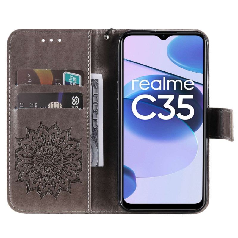 Capa De Couro Para Realme C35 De Cordão Mandala Do Sol Strappy