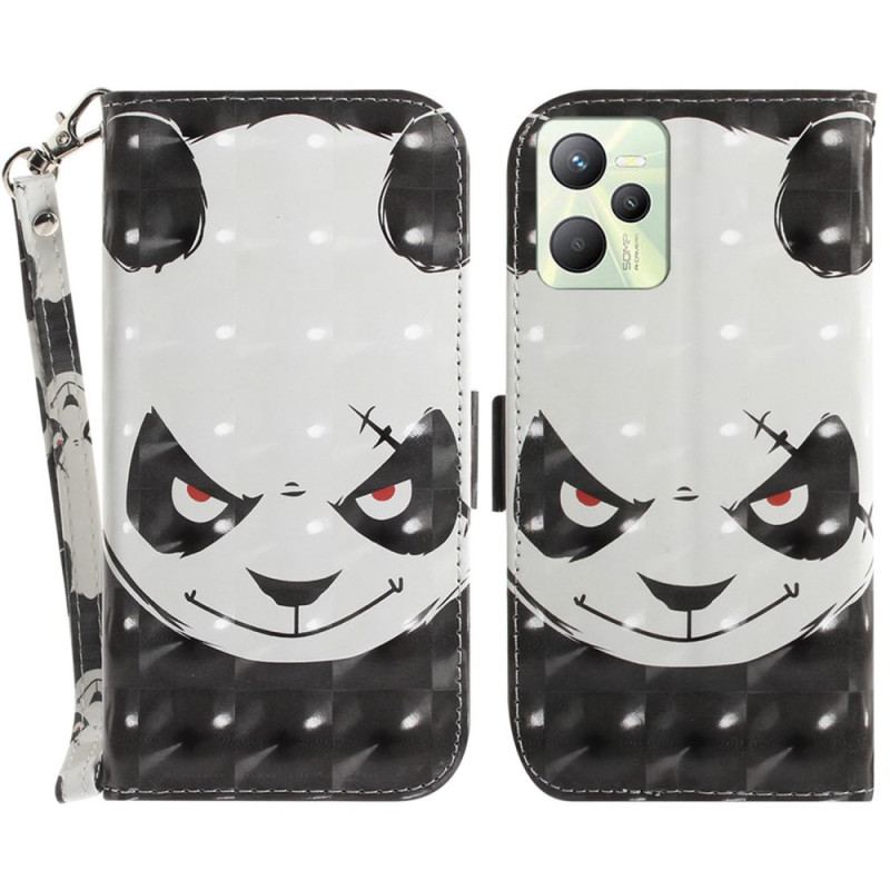 Capa De Couro Para Realme C35 De Cordão Panda Irritado Com Cordão