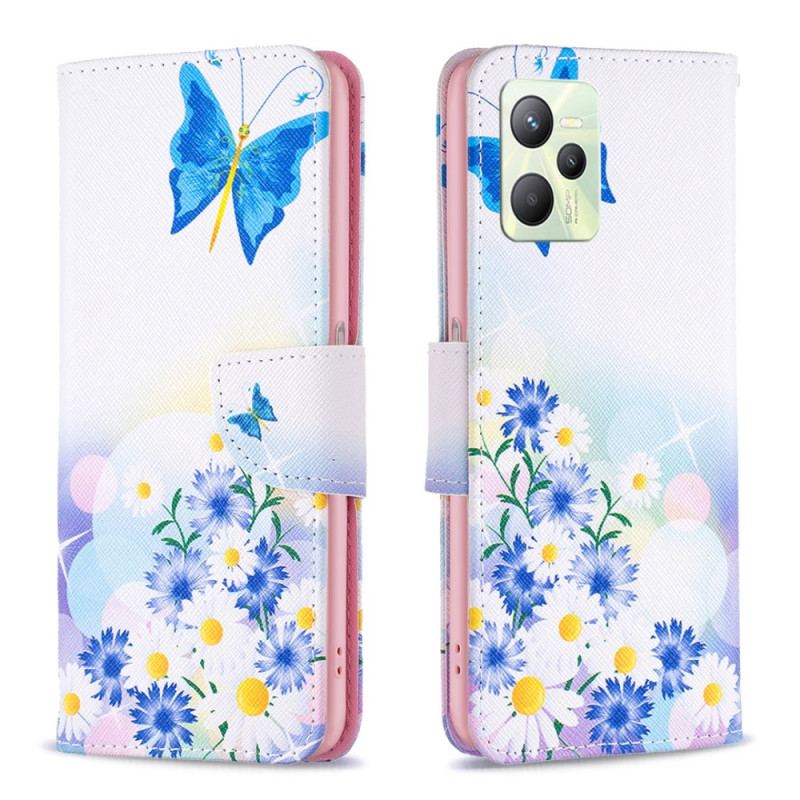 Capa De Couro Para Realme C35 Flores Borboletas