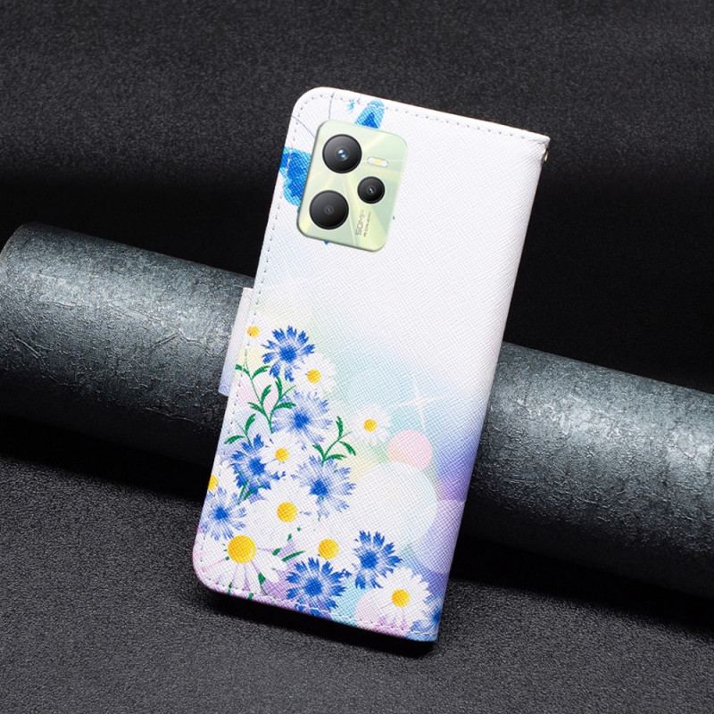 Capa De Couro Para Realme C35 Flores Borboletas