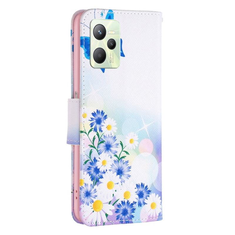 Capa De Couro Para Realme C35 Flores Borboletas