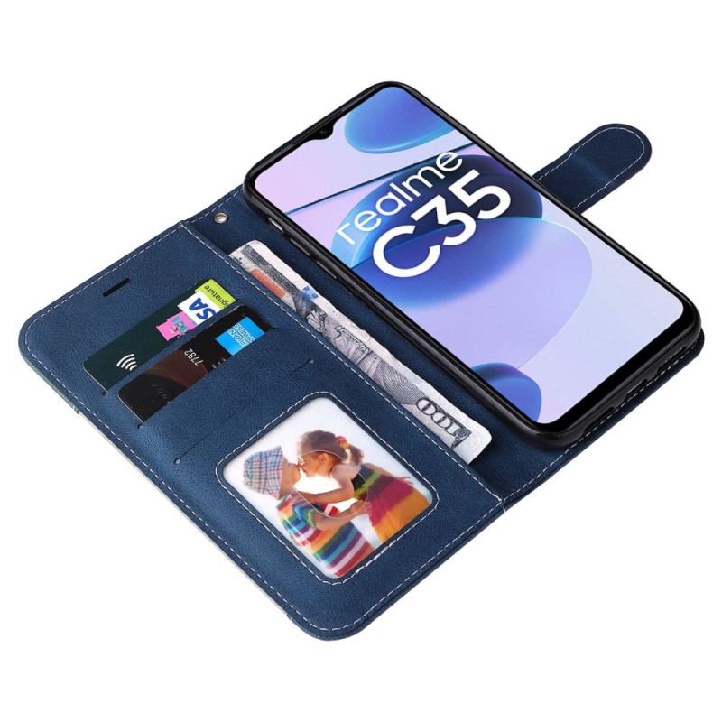 Capa Flip Para Realme C35 De Cordão Strappy Efeito De Couro Tricolor