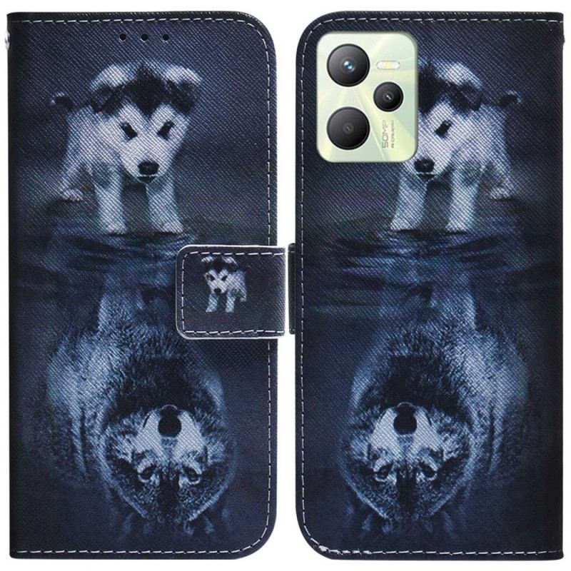 Capa Folio Para Realme C35 Cachorro Perspectiva Lobo