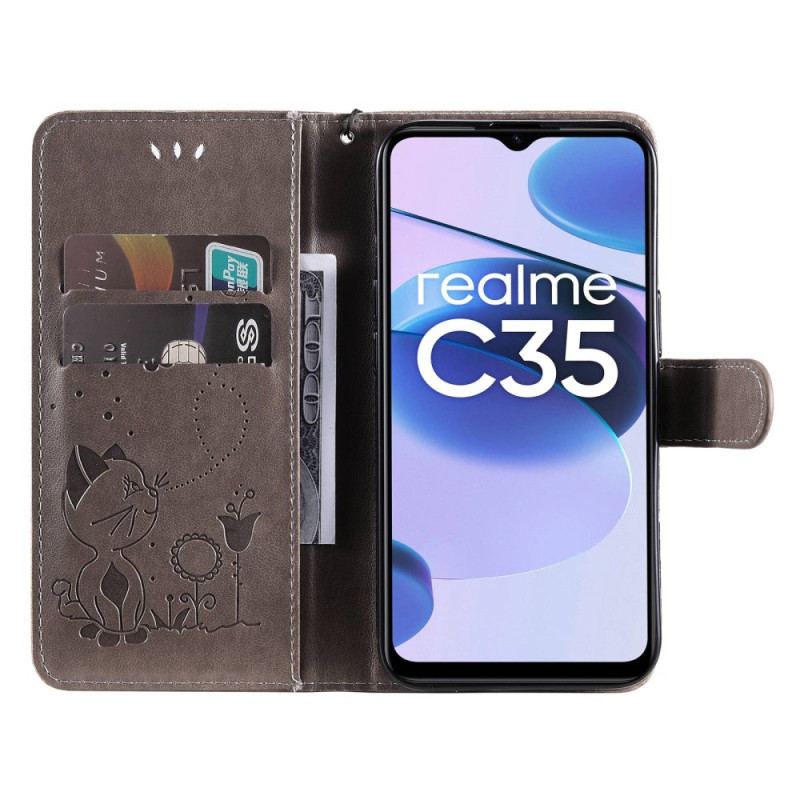 Capa Folio Para Realme C35 De Cordão Flores De Gato Com Tiras De Abelha